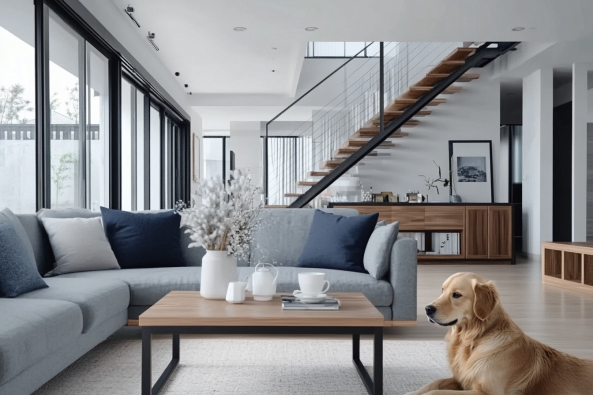 A bright and spacious modern living room featuring a sleek gray sectional sofa with navy and white pillows, a wooden coffee table with decor, and a golden retriever resting nearby. A stylish staircase and large windows enhance the open, airy feel.