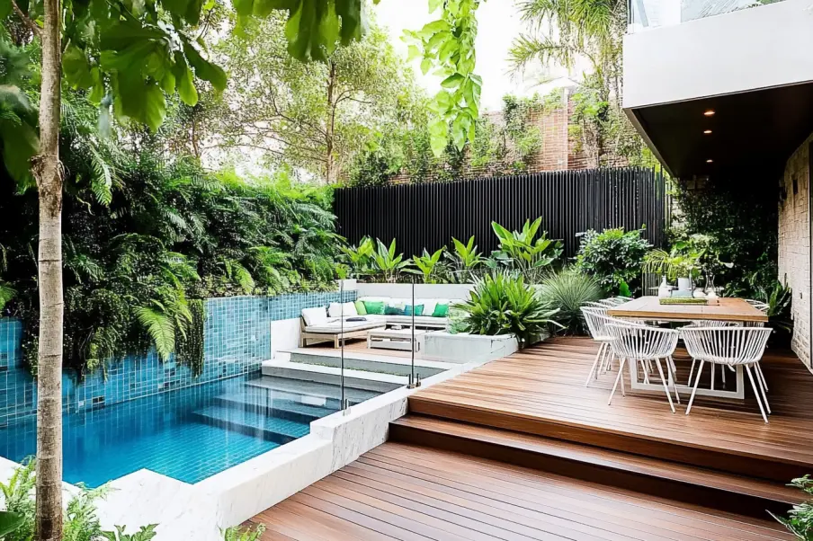 A luxurious outdoor space featuring a stylish infinity pool, wooden deck, and lush greenery. The area includes a cozy sunken lounge with plush cushions and a contemporary dining space, creating a serene and elegant backyard retreat.