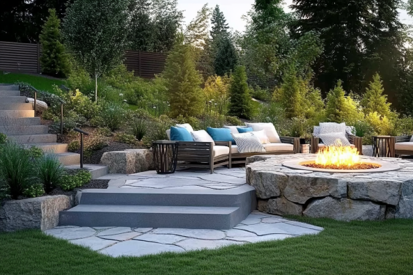 A beautifully landscaped outdoor patio featuring a fire pit encircled by natural stone seating, modern cushioned lounge chairs with blue and white pillows, and a stone pathway leading to a set of stairs with soft lighting. The background consists of lush greenery, trees, and a wooden fence, creating a cozy and inviting atmosphere.