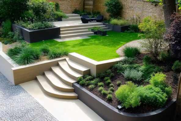 A beautifully designed tiered garden featuring lush greenery, curved steps, and manicured lawns. The sleek planters, stone pathways, and contemporary seating area create a stylish and tranquil outdoor space, enclosed by a warm brick wall.