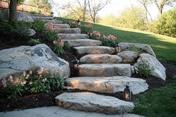 A beautifully landscaped outdoor stone staircase made of large, irregularly shaped natural stones leading up a gentle slope. The steps are bordered by lush greenery, pink flowers, and mulch. Black lanterns with soft lighting are placed along the pathway, enhancing the garden's aesthetic and providing illumination. The surrounding landscape features a well-manicured lawn and trees in the background.