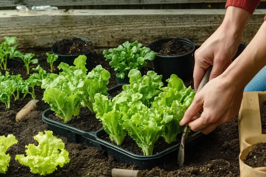 A person using a small gardening tool to transplant young lettuce seedlings into rich soil. The garden bed is filled with other leafy greens and potted plants, creating a thriving vegetable garden.