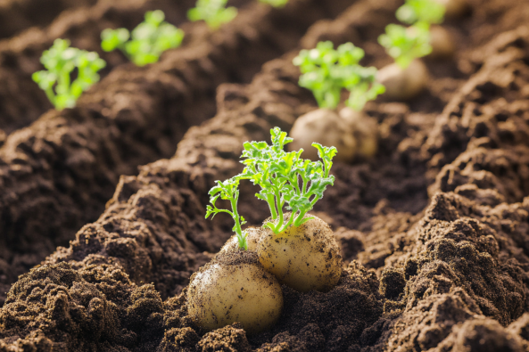 Young potato plants sprouting from freshly tilled soil, with green leaves emerging from the tubers. The neatly arranged rows indicate a well-maintained vegetable garden, highlighting the early stages of potato growth.