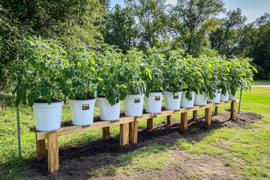 A row of lush tomato plants growing in white buckets, neatly arranged on a wooden raised platform in an outdoor garden. The setup provides efficient space utilization and easy access for watering and maintenance.