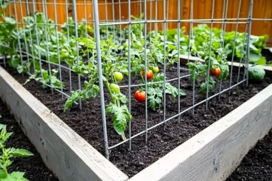 A raised garden bed with dark soil, growing tomato plants supported by a metal wire trellis. Some tomatoes are ripening, turning red, while others are still green. The background features a wooden fence and other green plants.