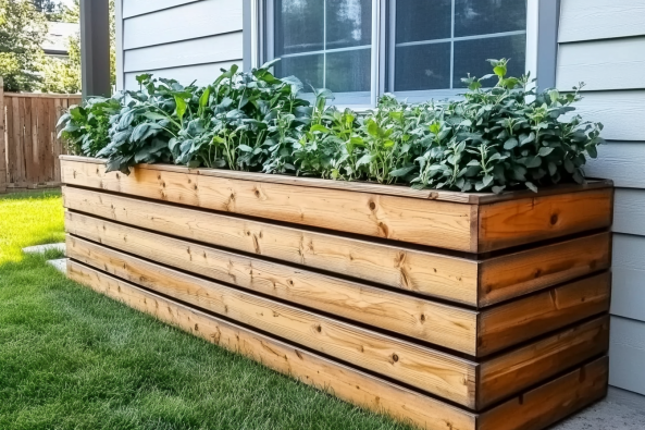 A modern raised wooden garden bed filled with lush green plants, positioned against a house with light siding. The neatly designed structure enhances the outdoor space, providing a functional and stylish home gardening area.