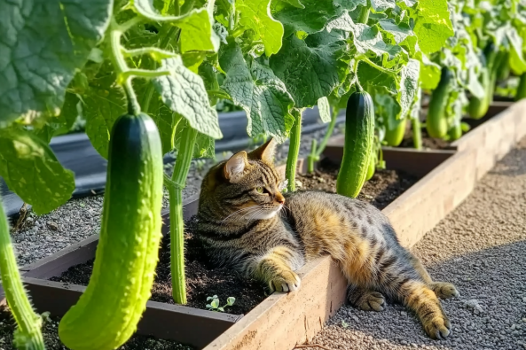 A tabby cat lounges in a raised garden bed among thriving cucumber plants. The lush green cucumbers hang from the vines, while the cat enjoys the warm sunlight, creating a peaceful and charming scene.