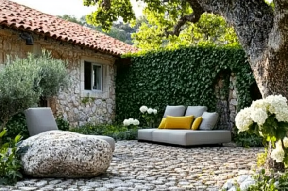 A charming stone courtyard with modern gray lounge seating and yellow accent pillows, surrounded by lush greenery and ivy-covered walls. A large tree provides shade, and blooming white hydrangeas enhance the tranquil atmosphere.