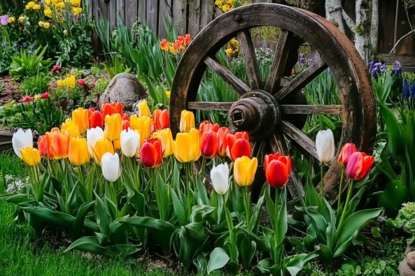 A vibrant garden featuring red, yellow, and white tulips in full bloom, with an old wooden wagon wheel leaning against a tree, surrounded by lush greenery and colorful flowers.