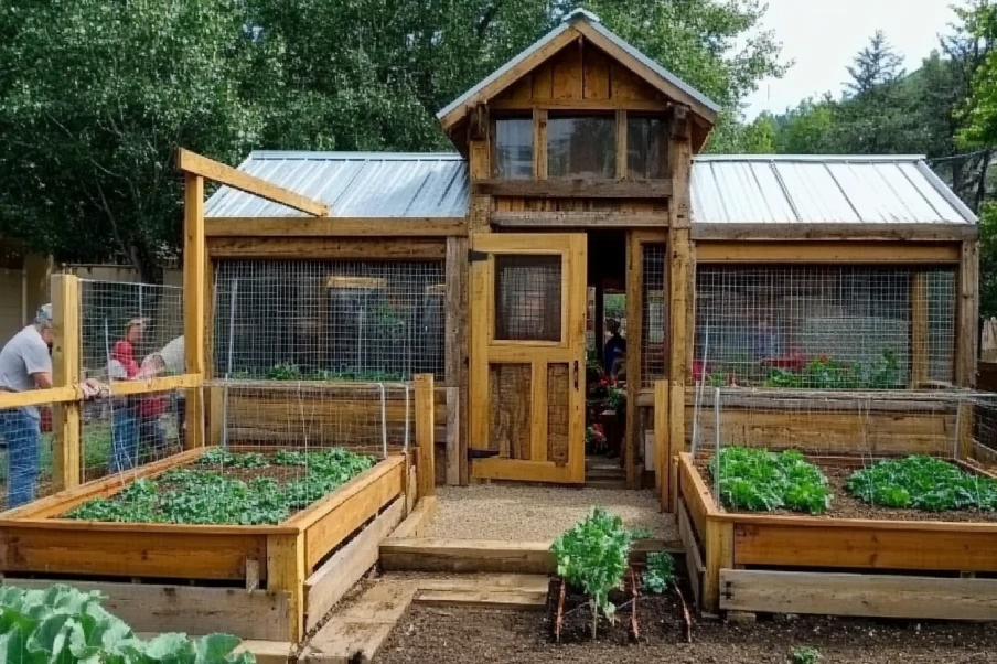 A wooden greenhouse with a metal roof, enclosed by wire mesh, surrounded by raised garden beds with lush vegetables. A gravel path leads to the entrance.