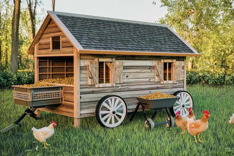 A charming wooden chicken coop designed like a rustic wagon with a shingled roof, wooden shutters, and large wagon wheels. A pull-out nesting box filled with feed is attached, with a wheelbarrow of grain nearby. Several chickens roam freely on the lush green grass, surrounded by trees and natural scenery.