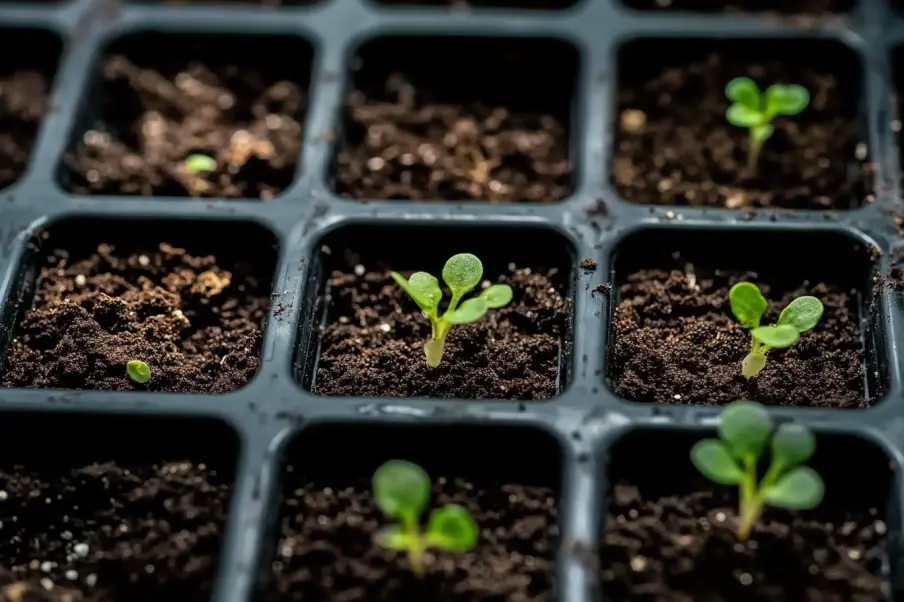 Close-up of tiny green seedlings emerging from dark soil in a black plastic tray, symbolizing new growth and gardening.