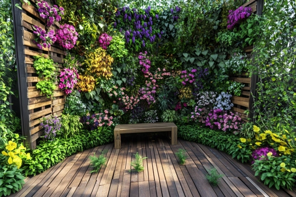 A peaceful outdoor space featuring a lush vertical garden filled with colorful flowers, cascading vines, and vibrant greenery. The wooden deck, with a simple bench in the center, creates a cozy retreat for relaxation. Sunlight filters through the foliage, casting soft shadows on the deck, enhancing the tranquil ambiance of the garden.