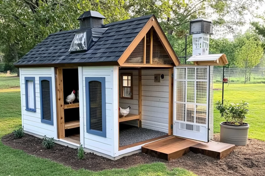 A charming white chicken coop with a black shingled roof, blue shutters, and an attached mesh-enclosed run, set on a concrete base in a fenced yard.