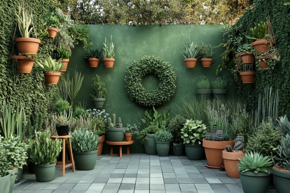 A serene courtyard filled with lush potted plants, succulents, and hanging greenery against a deep green wall. Terracotta and green pots add warmth and contrast, while a decorative wreath in the center enhances the garden’s elegant design.