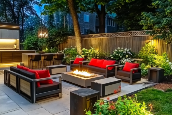 A modern outdoor patio featuring sleek black and wood furniture with red cushions, a central fire pit, and an illuminated bar area. The space is surrounded by lush greenery, white hydrangeas, and a wooden fence, creating a cozy and inviting atmosphere.