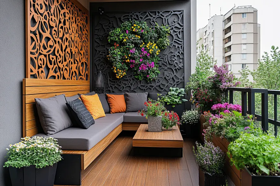 A modern balcony featuring cozy wooden seating with gray and orange cushions, surrounded by lush potted plants and flowers. A striking vertical garden decorates the black patterned wall, adding greenery to the elegant outdoor space with city views.