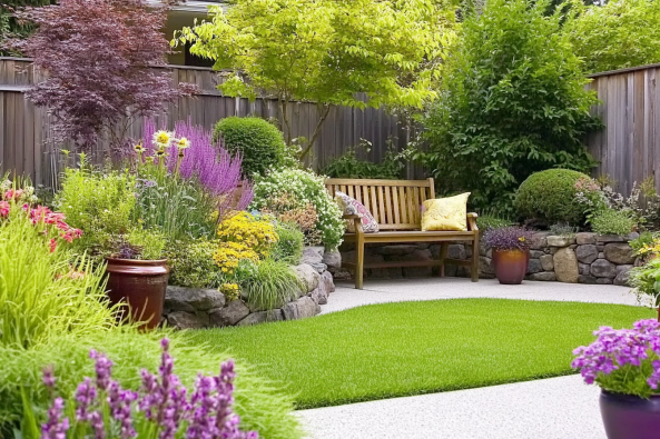 A beautifully landscaped garden featuring a wooden bench surrounded by colorful flowers, lush greenery, and stone planters. A well-maintained lawn and curved pathways create a peaceful and inviting outdoor space.