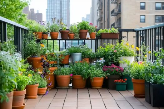 A charming balcony garden in an urban setting, filled with a variety of potted plants and flowers. The terrace is adorned with terracotta pots, metal containers, and plastic planters, creating a lush green space with colorful blossoms. The city skyline and surrounding buildings provide a contrasting backdrop to the peaceful greenery.