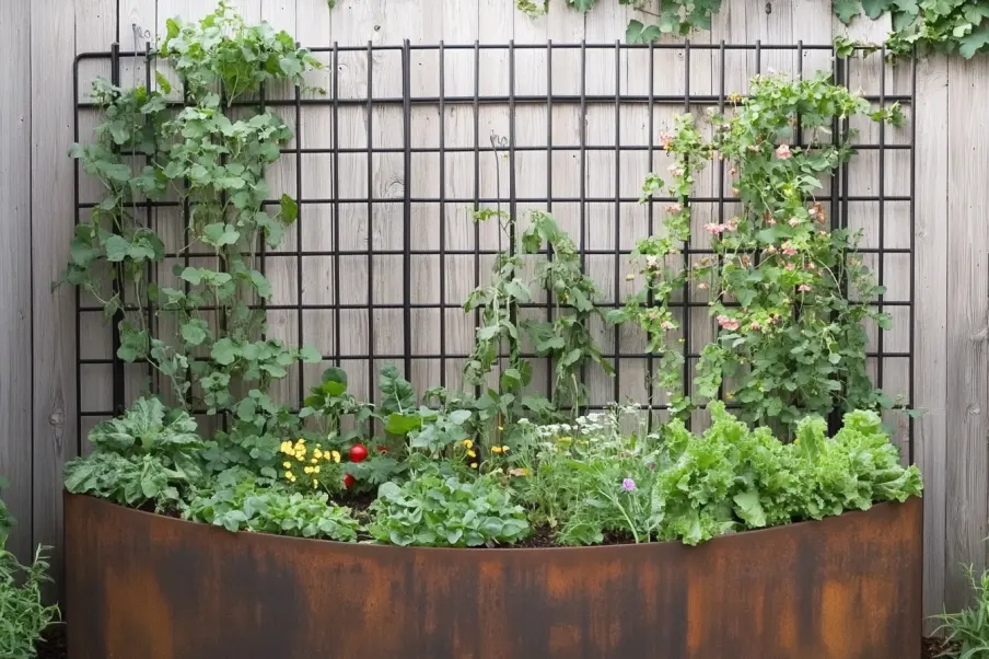 A raised rust-colored planter with lush green plants, including tomatoes and cucumbers, growing on a black metal trellis against a wooden fence. The vertical garden features a mix of herbs, vegetables, and flowers, creating a natural and organized outdoor space.