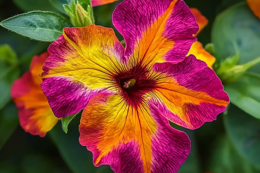 A striking close-up of a petunia flower with a unique blend of deep magenta, fiery orange, and golden yellow hues. The petals have intricate dark vein patterns leading to the flower’s center, set against a lush green background of leaves and other blooms.