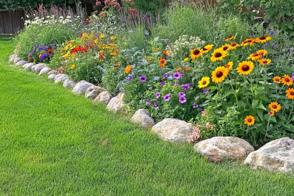 A colorful wildflower garden featuring sunflowers, purple petunias, and other bright blooms, bordered by large stones. The lush greenery and flowers contrast beautifully with the neatly trimmed grass, creating a natural and inviting landscape.