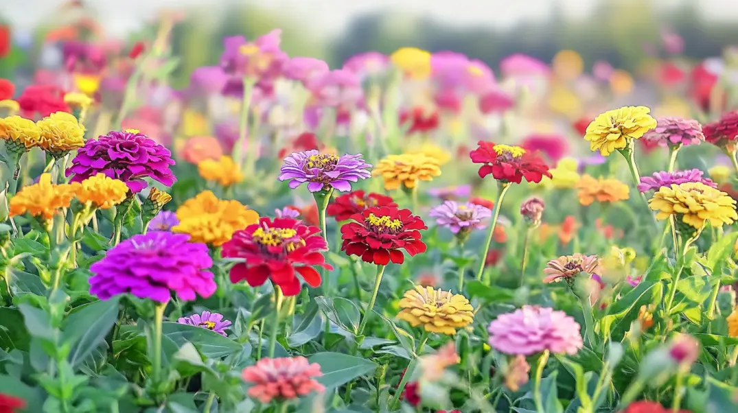 A colorful field of zinnia flowers in full bloom, showcasing bright shades of red, pink, yellow, orange, and purple. The flowers stand tall with lush green foliage, creating a vivid and lively scene. The background is softly blurred, giving a dreamy effect to the vast floral display. The image captures the beauty and diversity of nature in a flourishing garden.