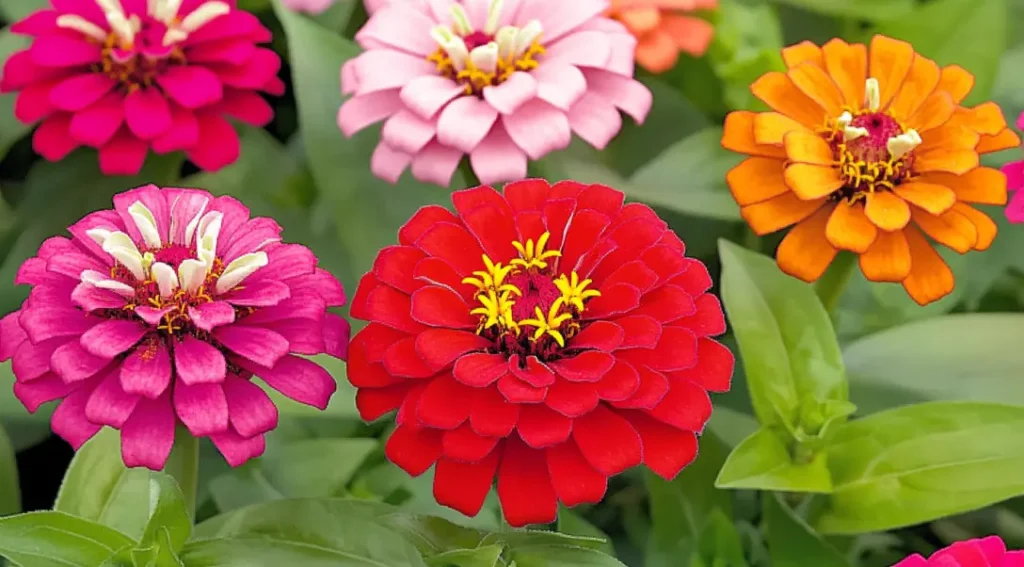 A close-up of colorful zinnia flowers in full bloom, featuring bright red, orange, and pink petals with intricate yellow centers. The flowers are set against a backdrop of lush green leaves, creating a lively and vibrant garden scene.