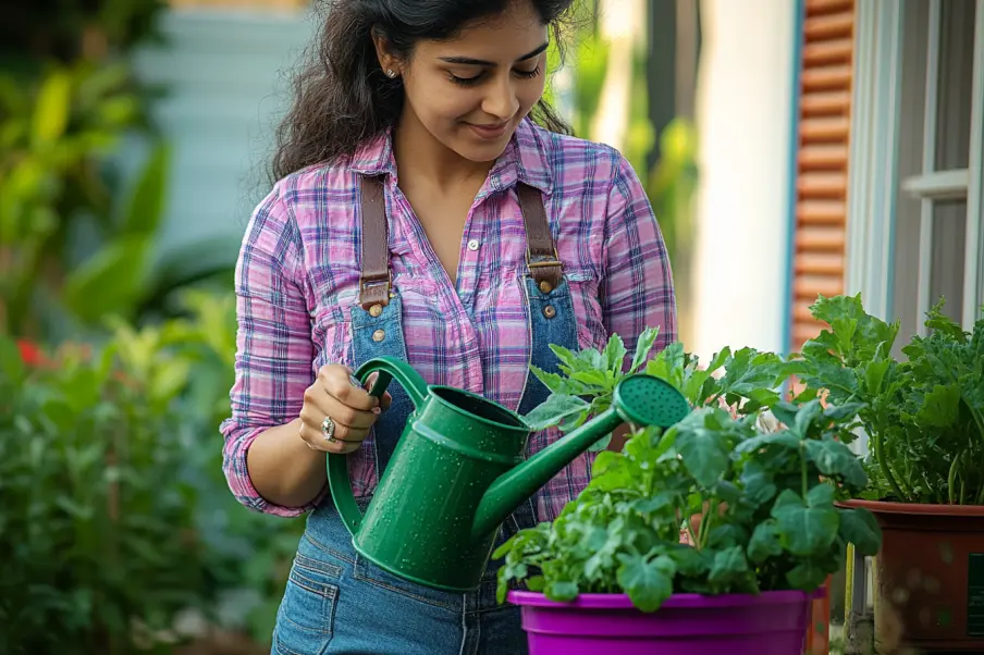 A young woman wearing denim overalls and a pink plaid shirt smiles as she waters potted plants with a green watering can. The vibrant garden setting features lush greenery in colorful pots, creating a cozy and cheerful atmosphere.