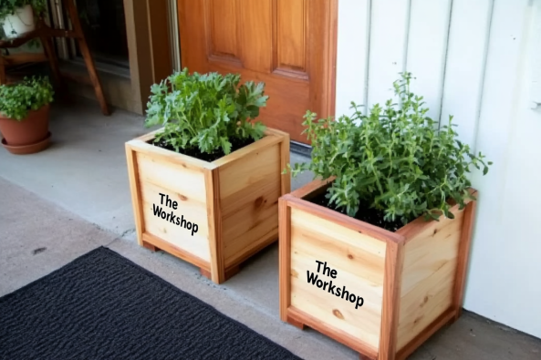 Two wooden planters with fresh green plants placed outside a wooden door on a concrete porch. The planters are light-colored wood with a simple, elegant design and have the words "The Workshop" printed on their sides. A black doormat lies in front of the door, and a smaller potted plant is visible in the background, adding to the cozy and welcoming atmosphere.